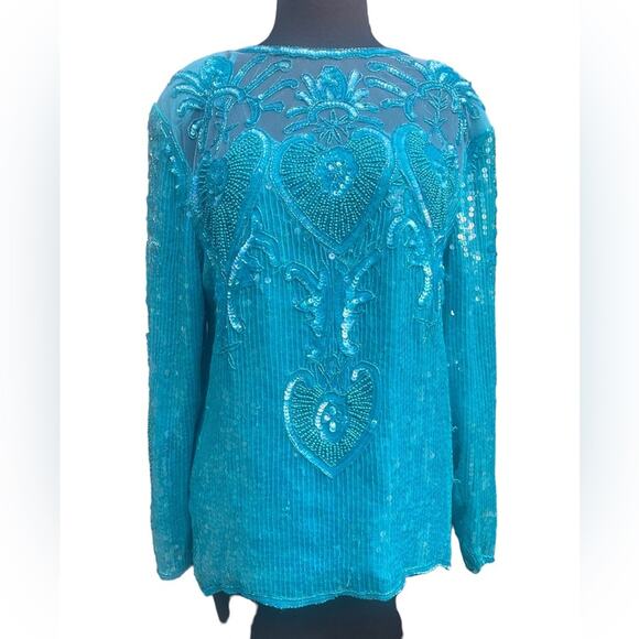 Vtg Turquoise Seguin Floral Applique Sheer Panel Blouse And Skirt Coord Set L - Picture 4 of 9